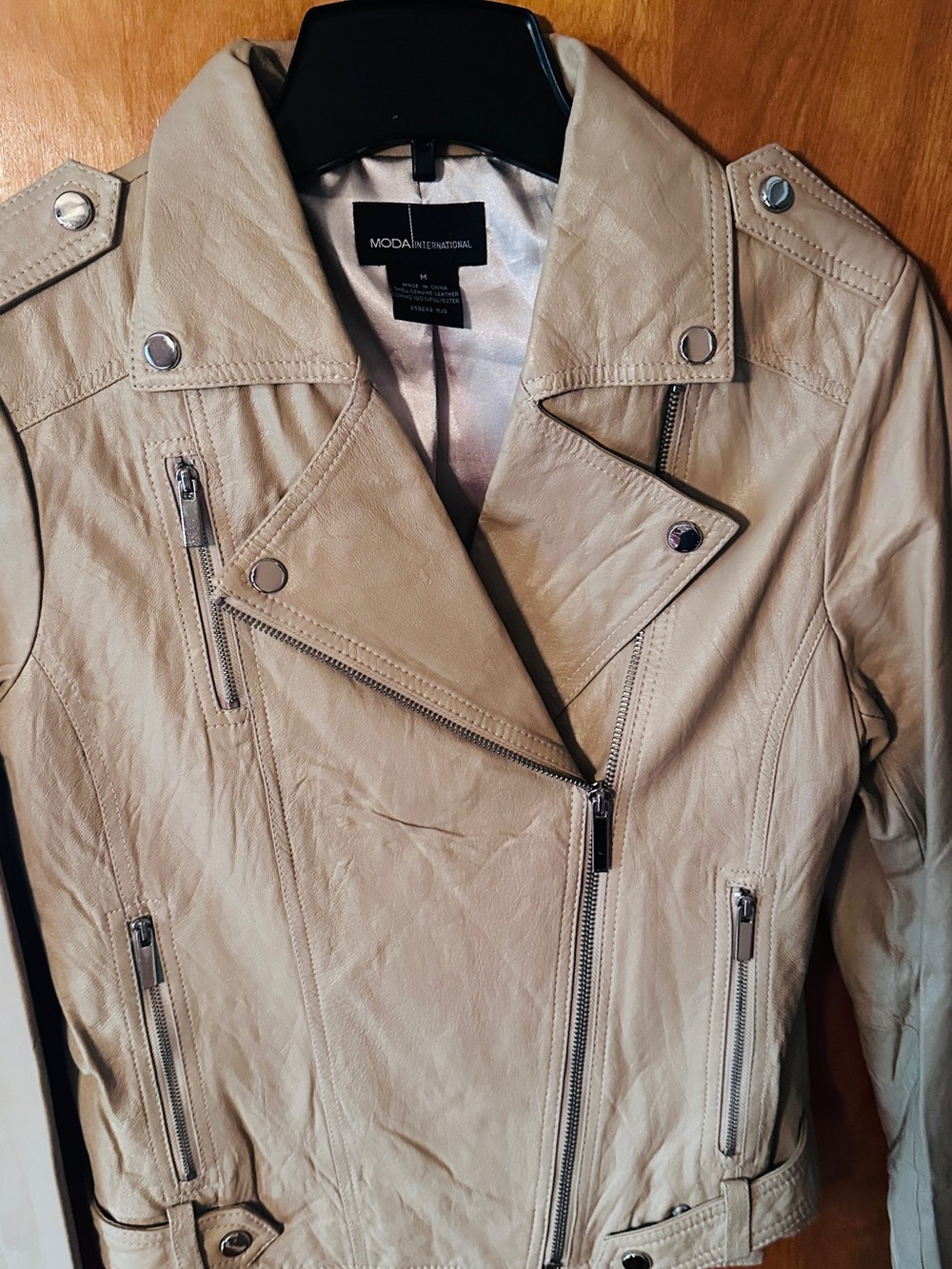 Moda International Light Beige Faux Leather Moto Jacket